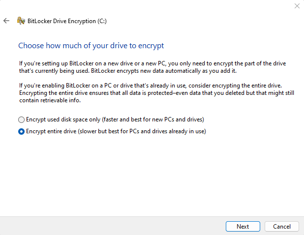 windows menu to select what to encrypt